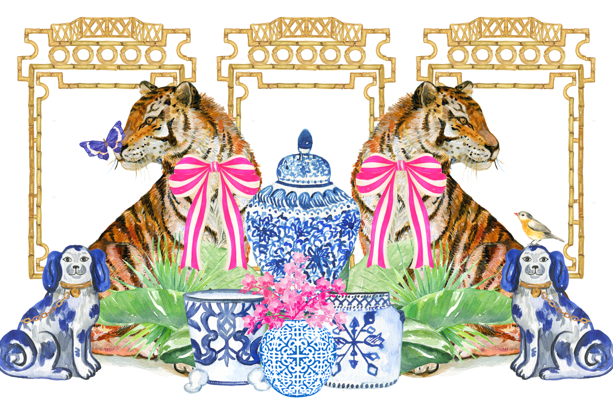 Decorative scene with tigers, vases, and dogs in a stylized setting.