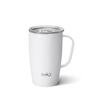 White golf ball themed mug with a lid on a white background, featuring the 'swig' brand.