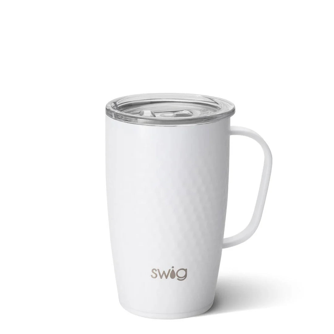 White golf ball themed mug with a lid on a white background, featuring the 'swig' brand.