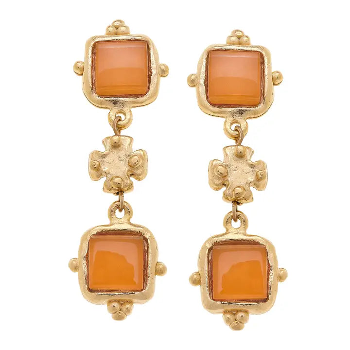 Charlotte Orange French Glass Tier Earrings - Maltese Cross Handcast Gold