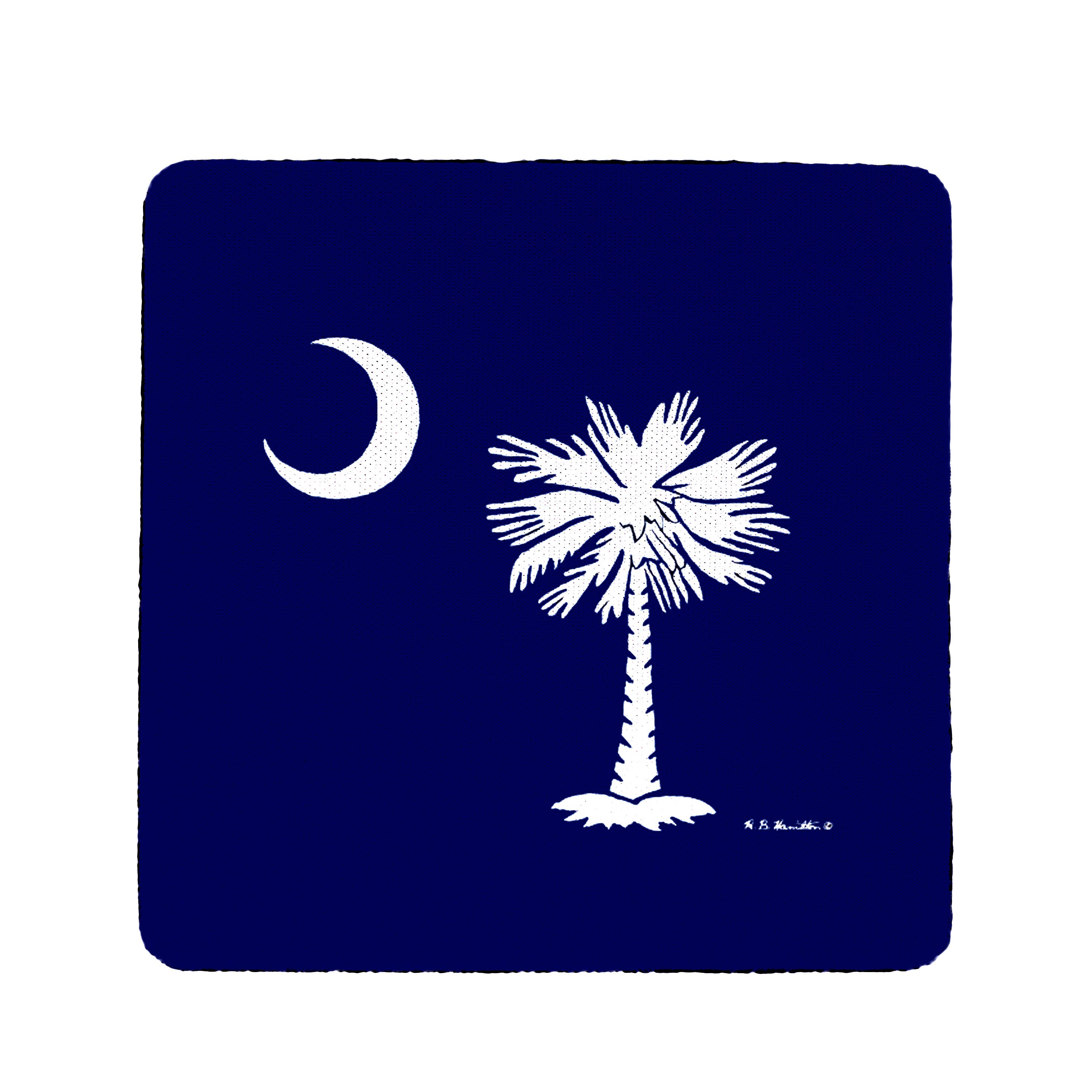 A square dark navy blue item with rounded corners featuring a white crescent moon and a white palm tree graphic, shown on a plain white background.