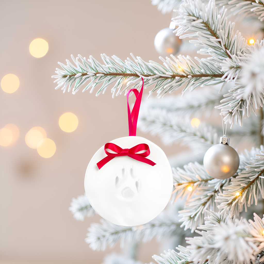 A white round Christmas ornament with a red ribbon bow and paw print, hanging on a flocked Christmas tree branch with warm lights in the background.