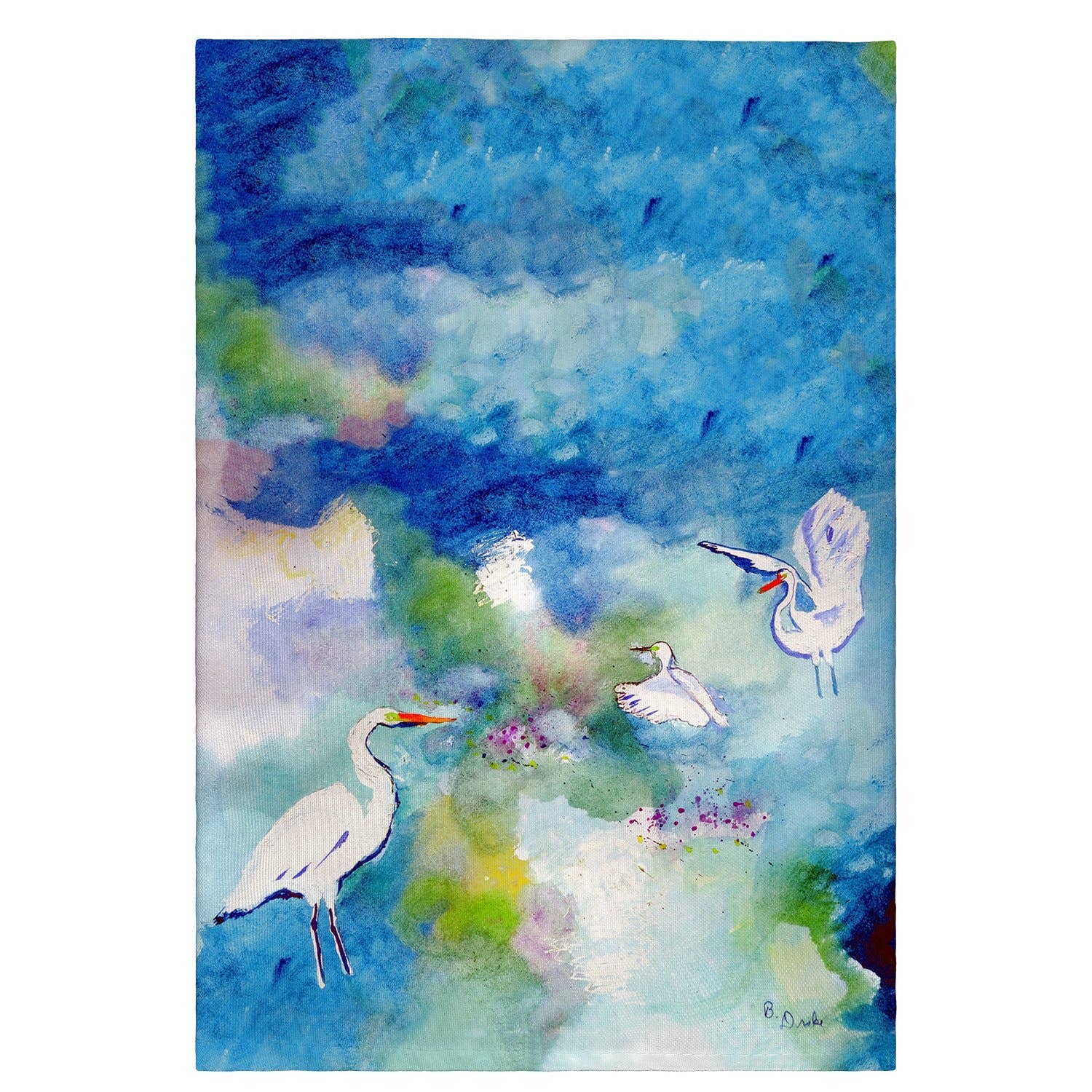 Watercolor painting of birds on a blue and green abstract background tea towel