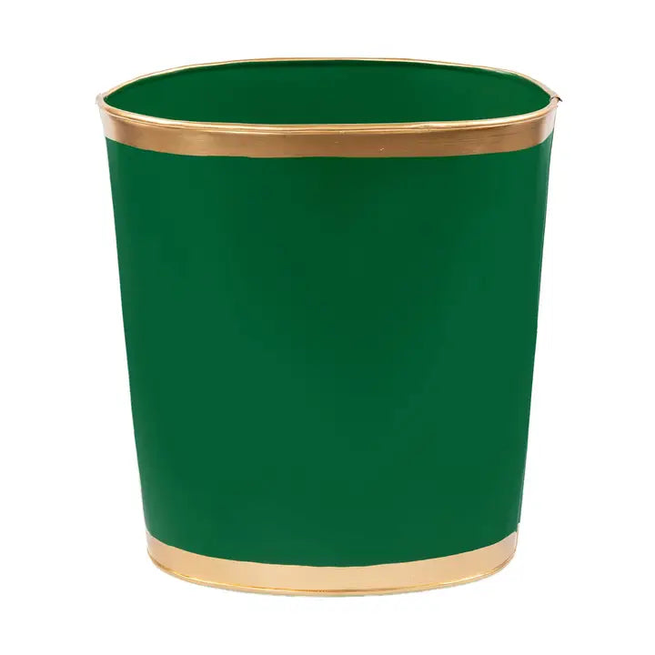 Green trash can with gold rim on a white background
