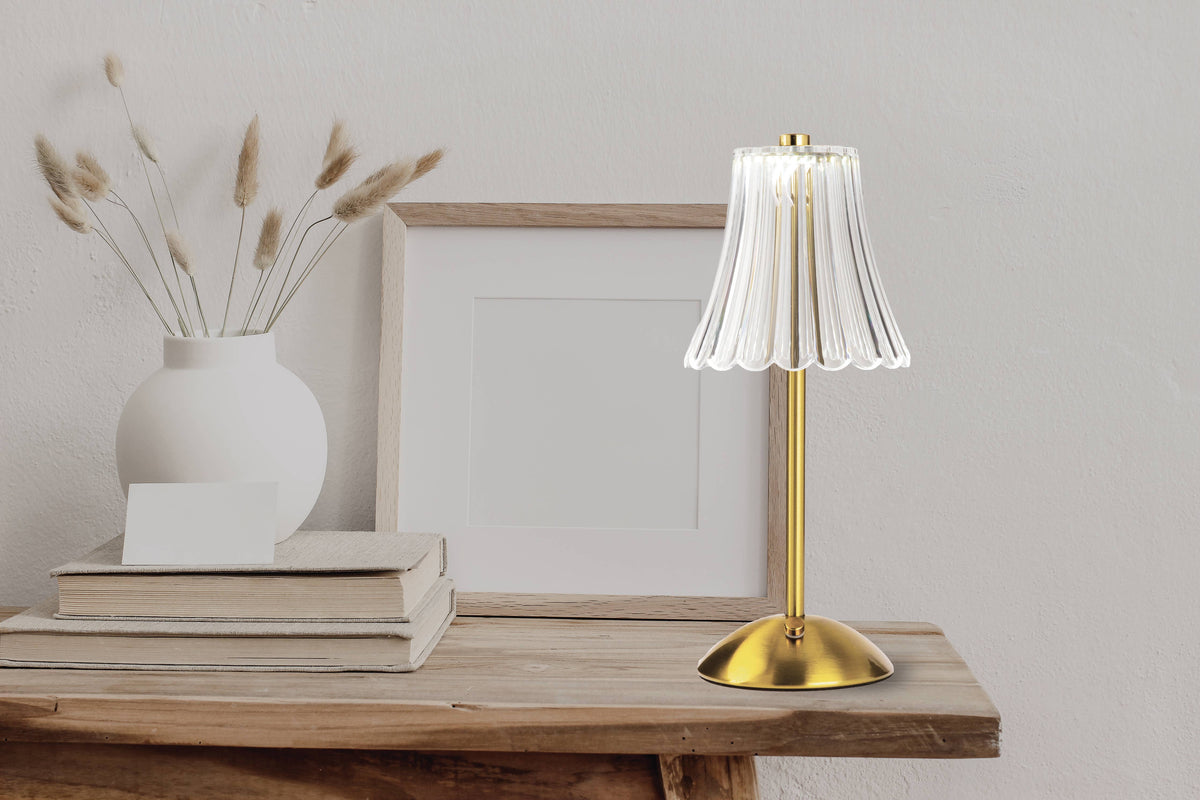 Brushed Gold Faux Crystal Cordless Table Lamp - Small Rechargeable Touch LED Accent Light for Bedroom, Desk & Nightstand