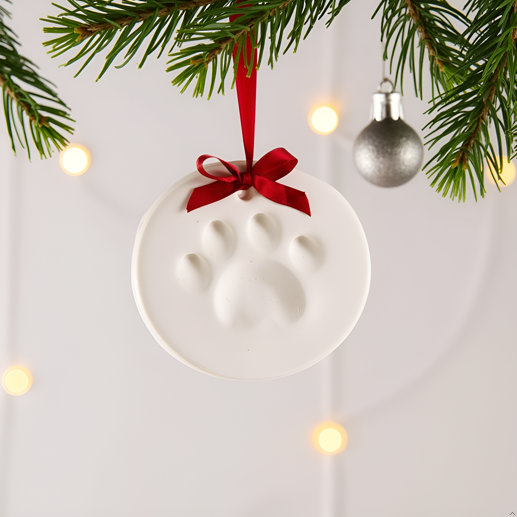 White ceramic ornament with paw print design hanging from a red ribbon on a Christmas tree.