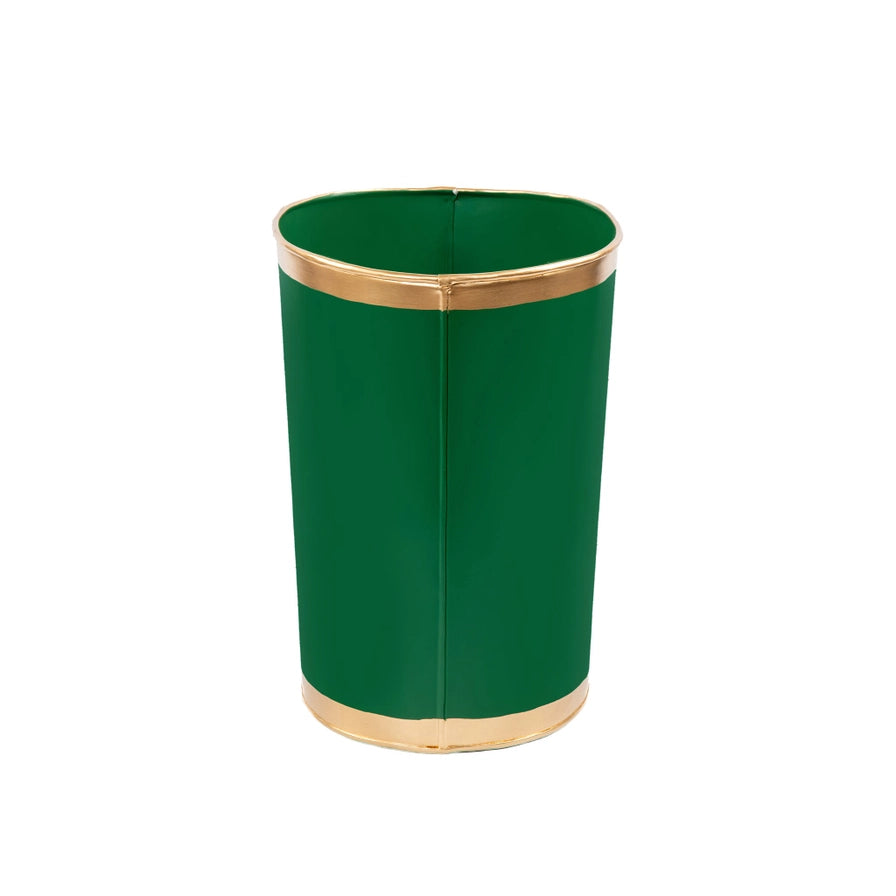 Green trash can with gold rim and base on a white background