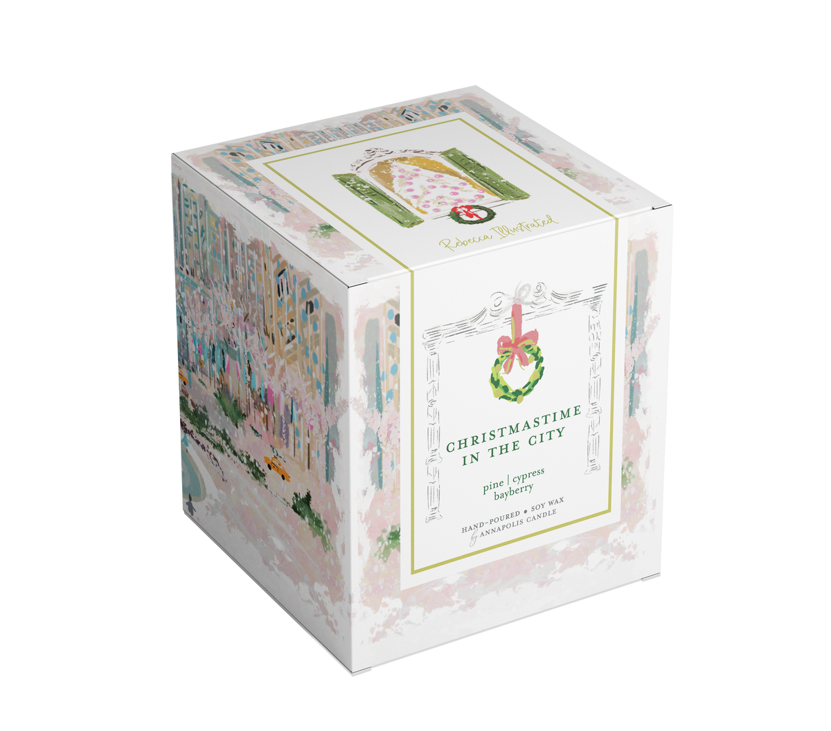 A square product box for 'Christmastime in the City' by Rebecca Illustrated, featuring a white base decorated with a colorful Christmas cityscape illustration and a central label with a wreath and red bow.