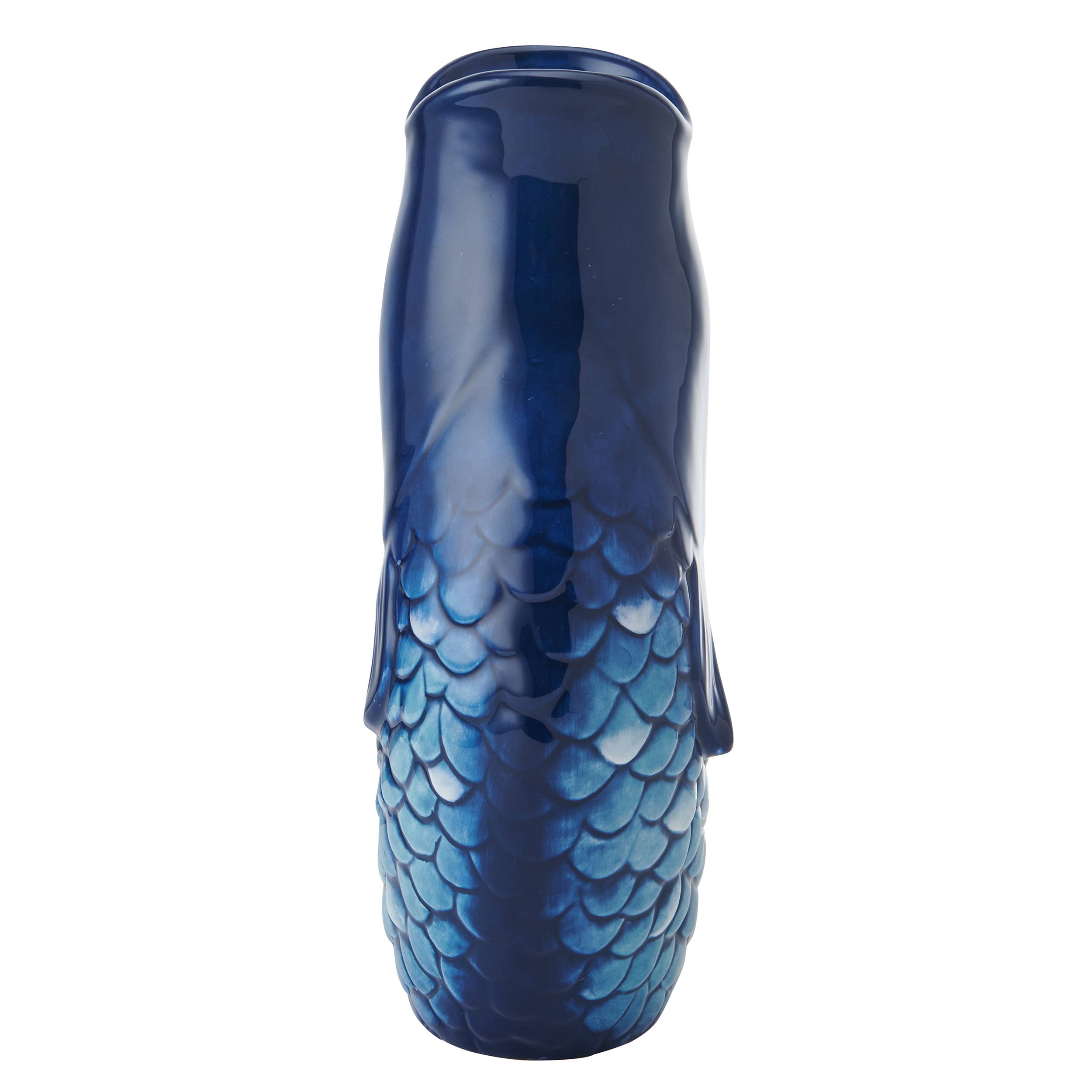 A Fitz and Floyd brand  glossy ceramic vase shaped like a stylized fish, featuring a deep blue gradient that transitions to a lighter blue scale pattern near the base, set against a plain white background 