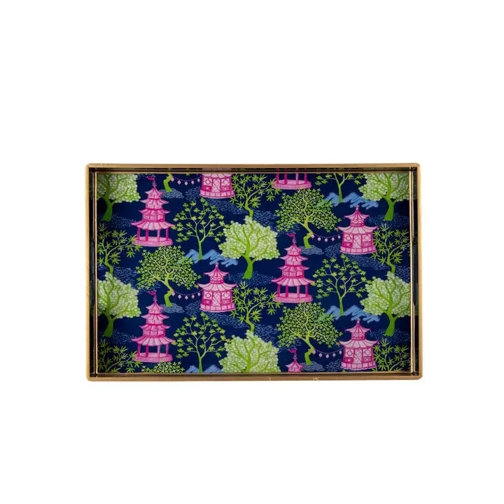 Decorative tray with pink pagoda and green tree pattern on a blue background