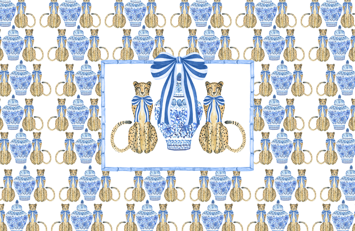 Patterned design with teapots, teacups, and a decorative bow in blue and gold.