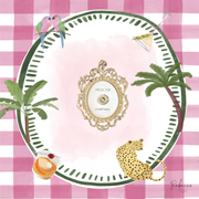 MAHJONG MAT palm trees, a leopard, and a cocktail on a pink checkered background with a press for champagne illustrated button in the middle