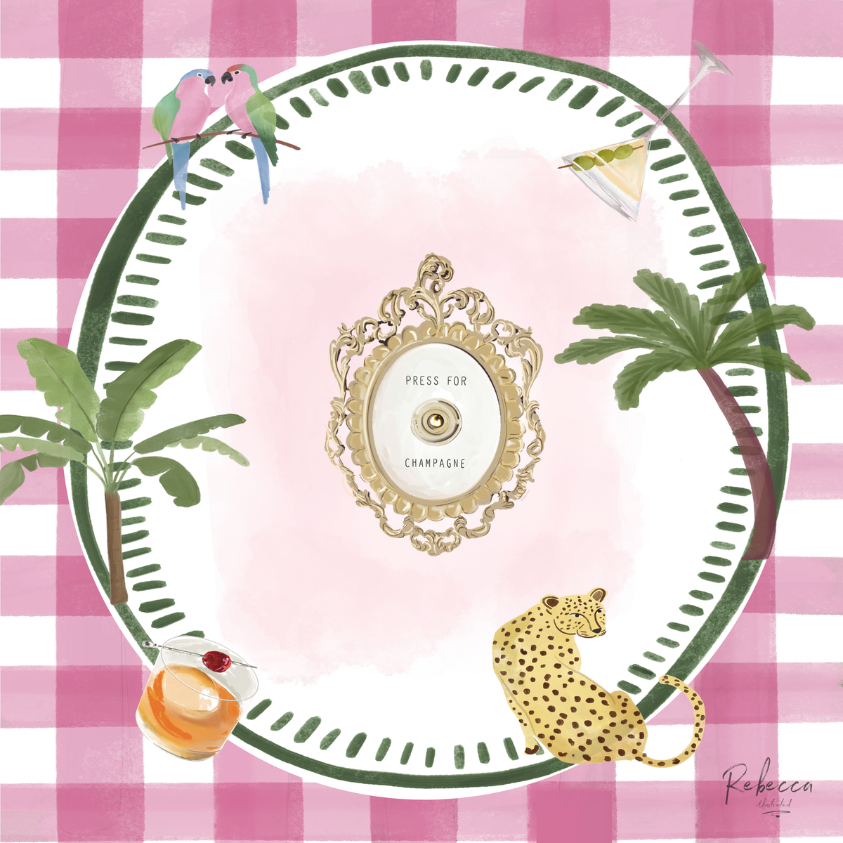 MAHJONG MAT palm trees, a leopard, and a cocktail on a pink checkered background with a press for champagne illustrated button in the middle