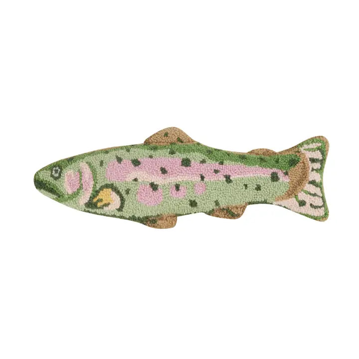 Fish-shaped pillow with green and pink design on a white background