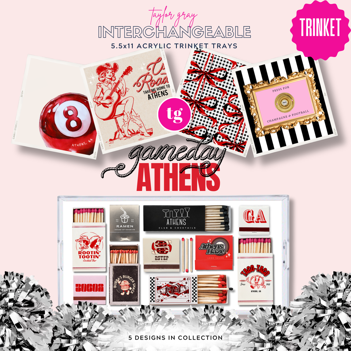“Taylor Gray Athens Gameday collection showing five trinket tray insert designs: red eight balls, a cowgirl, red bows, a champagne-and-football button, and vintage matchboxes.”