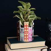 Potted plant in a book-shaped pot on top of books with a dark background