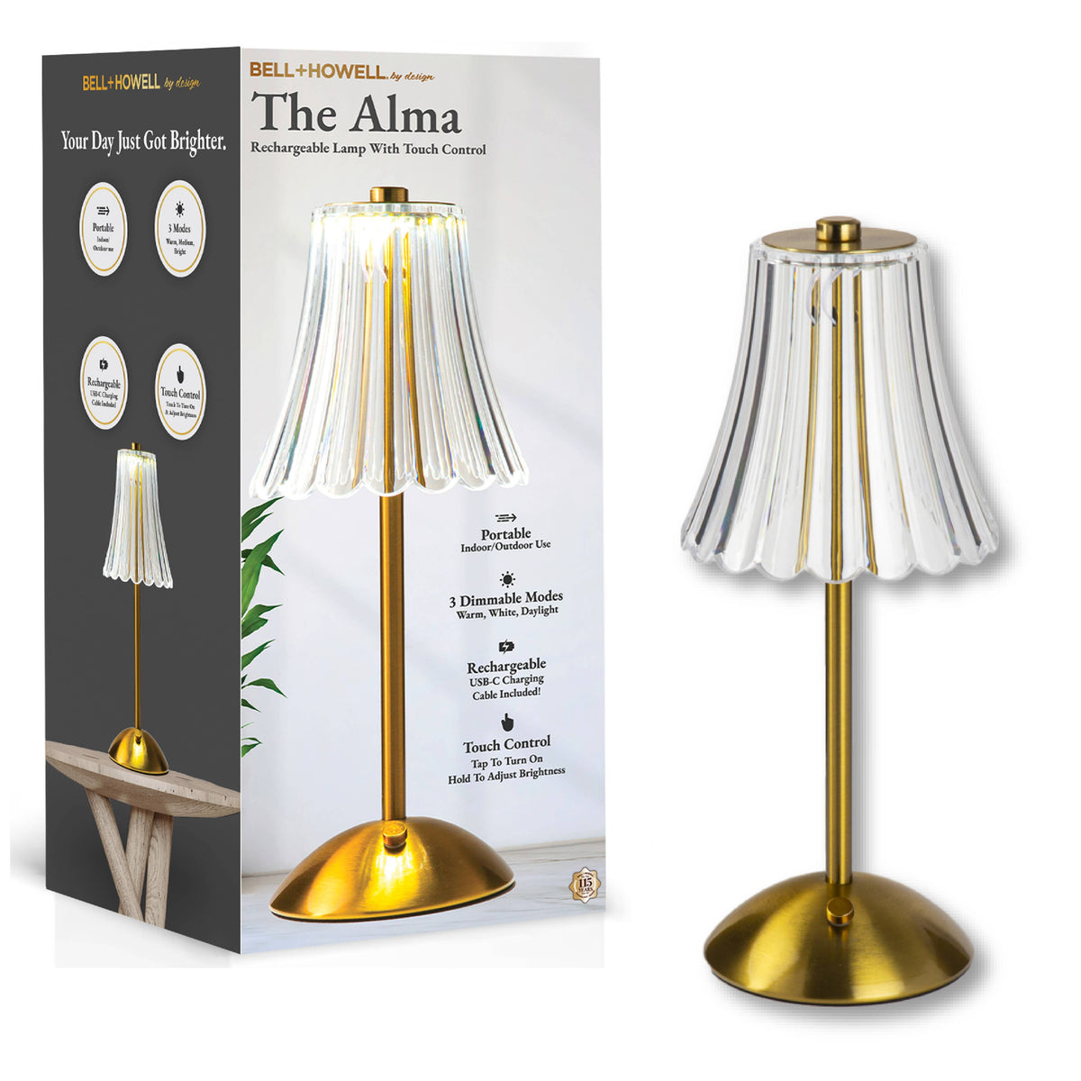 Brushed Gold Faux Crystal Cordless Table Lamp - Small Rechargeable Touch LED Accent Light for Bedroom, Desk & Nightstand