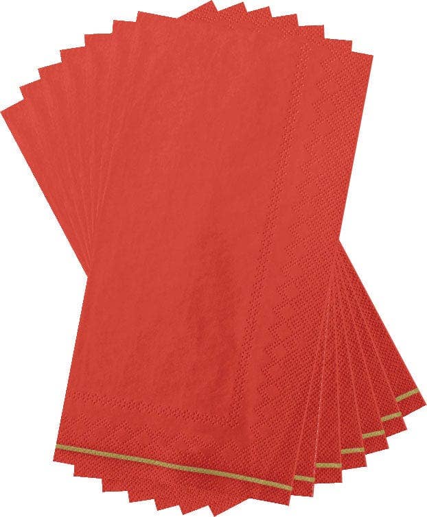 A stack of red paper napkins with a subtle woven texture and a thin gold border along the edges, fanned out against a white background.