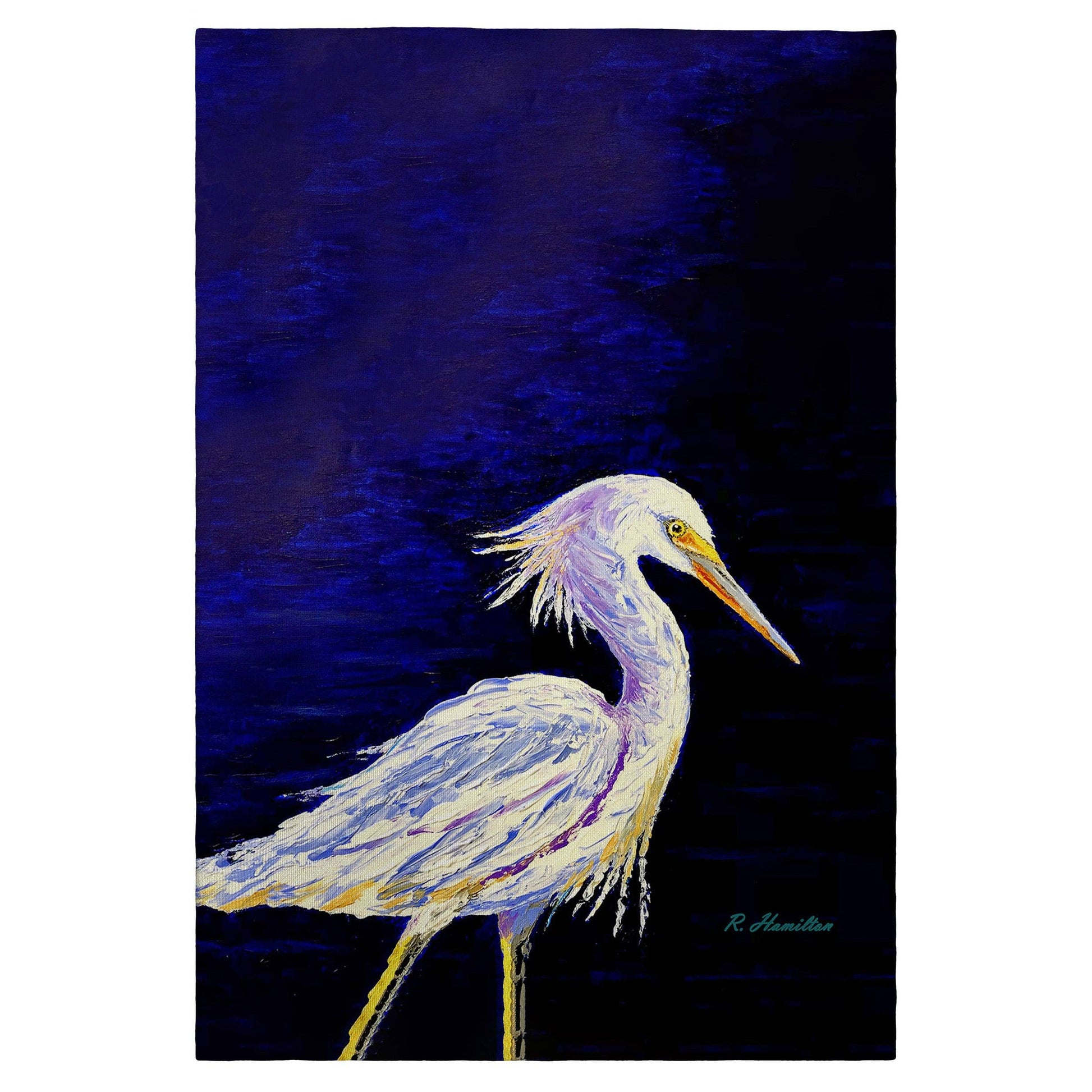 Painting of a white heron on a dark blue background on a tea towel