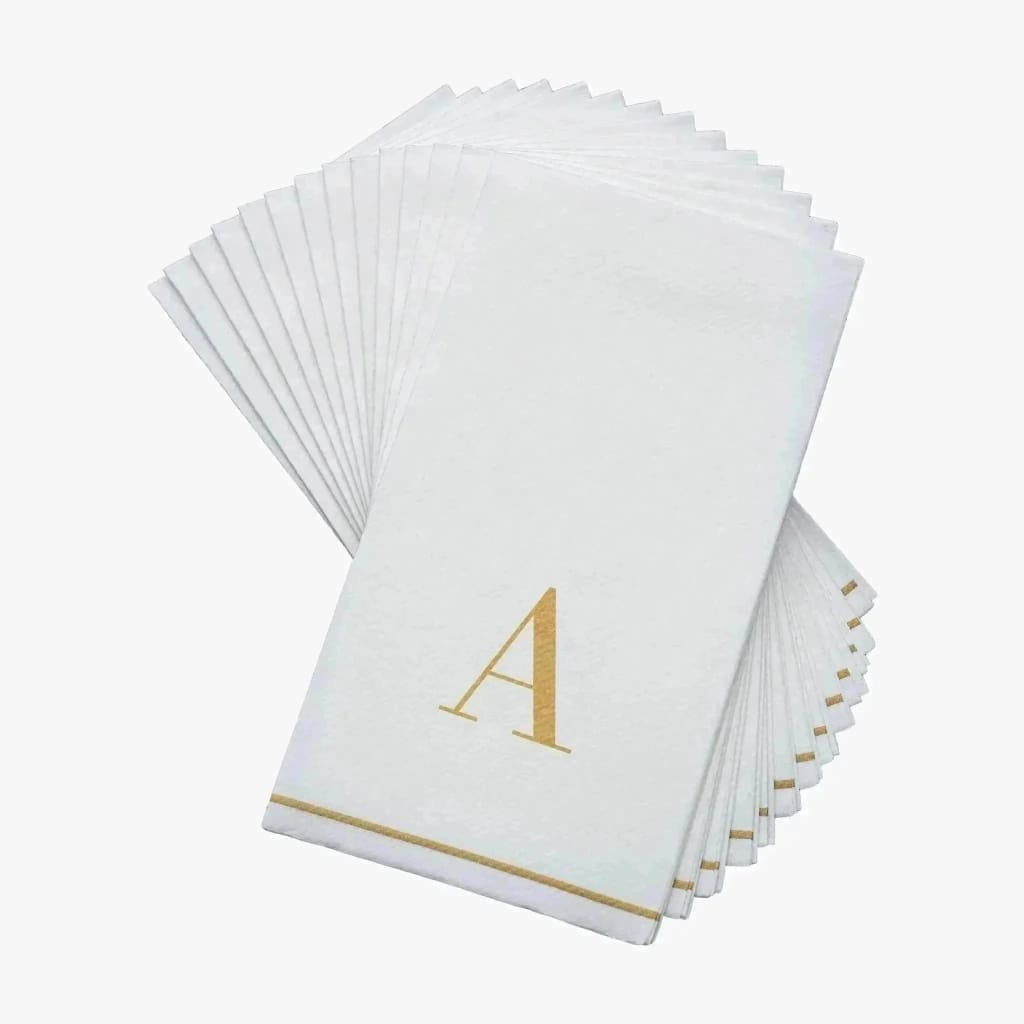 Letter A White and Gold Monogram Paper Disposable Dinner Napkins | 14 Napkins