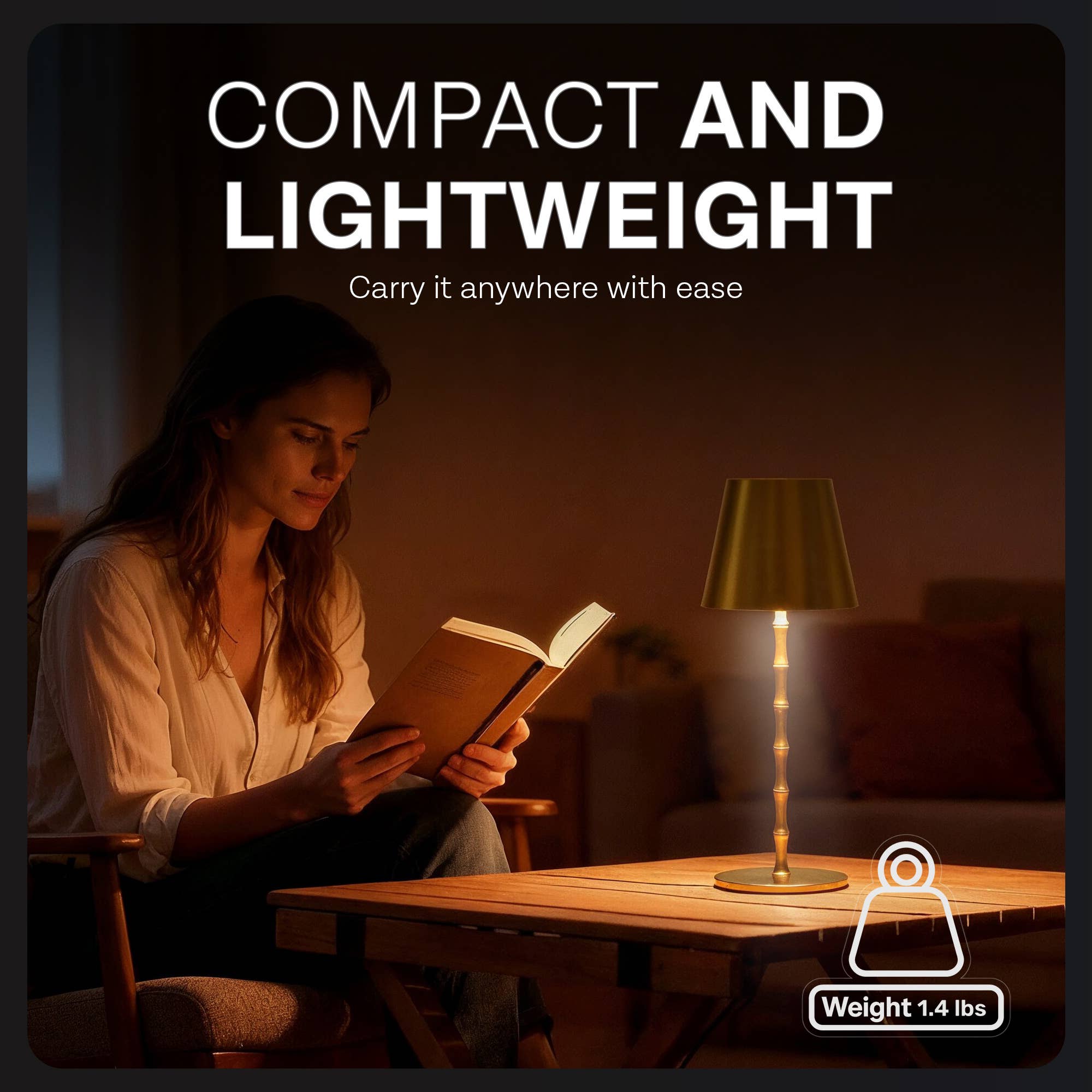 Woman reading a book in a cozy room with a lamp and text about compact and lightweight design.