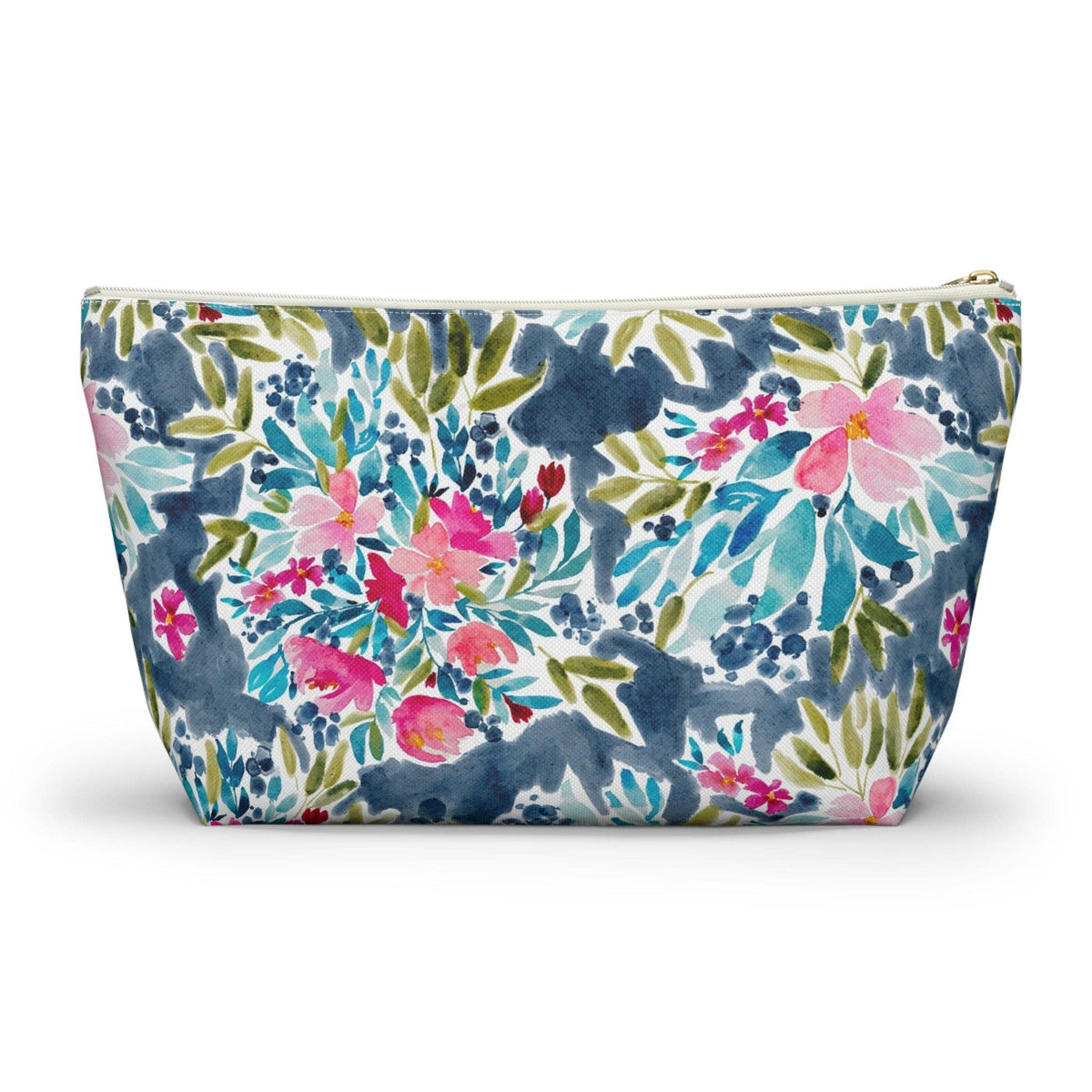 A rectangular zippered pouch with a colorful watercolor floral pattern on a white background, featuring pink flowers, blue leaves, and green foliage.