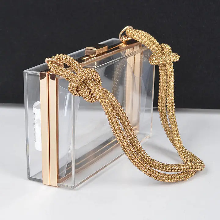 Clear acrylic case clutch with gold metal trim and multi-strand knotted gold chain strap draped over front, close-up side detail view on dark background