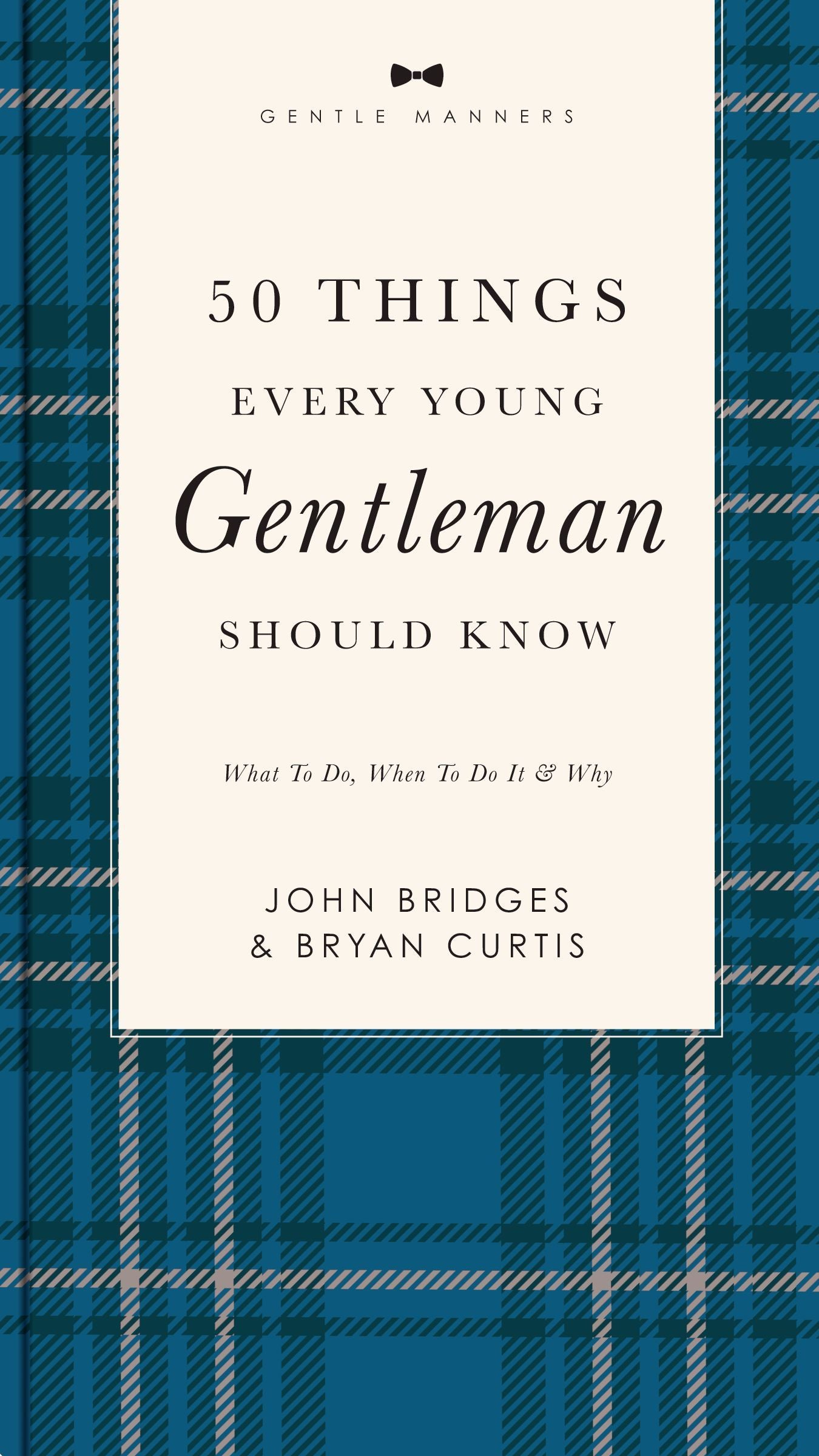 Book cover of '50 Things Every Young Gentleman Should Know' with blue plaid pattern