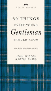 Book cover of '50 Things Every Young Gentleman Should Know' with blue plaid pattern