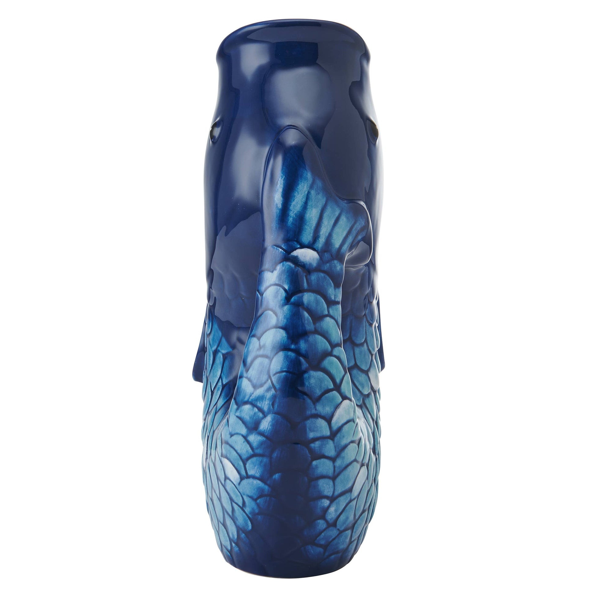 A Fitz and Floyd Brand glossy ceramic vase shaped like a stylized fish, featuring a deep blue body with lighter blue scale patterns and a dark blue top, set against a plain white background.