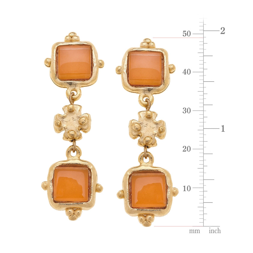 Charlotte Orange French Glass Tier Earrings - Maltese Cross Handcast Gold