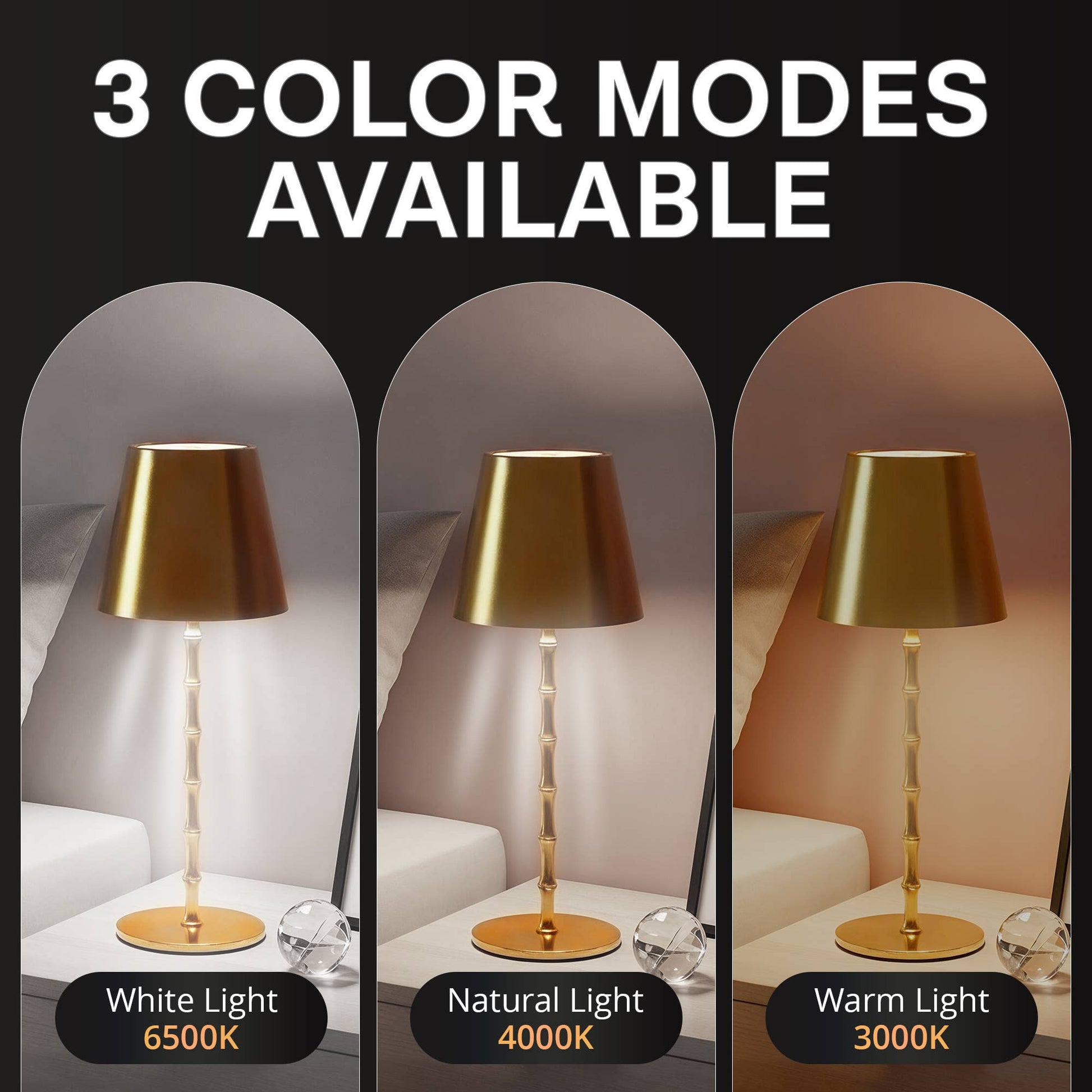 Three different lighting modes of a lamp on a table with text indicating color modes.