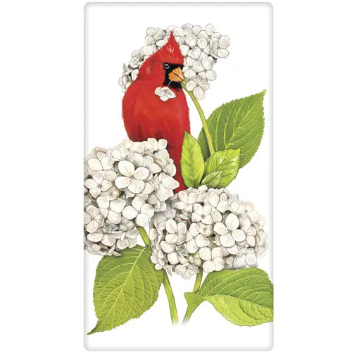 Red cardinal bird among white flowers and green leaves on a white background