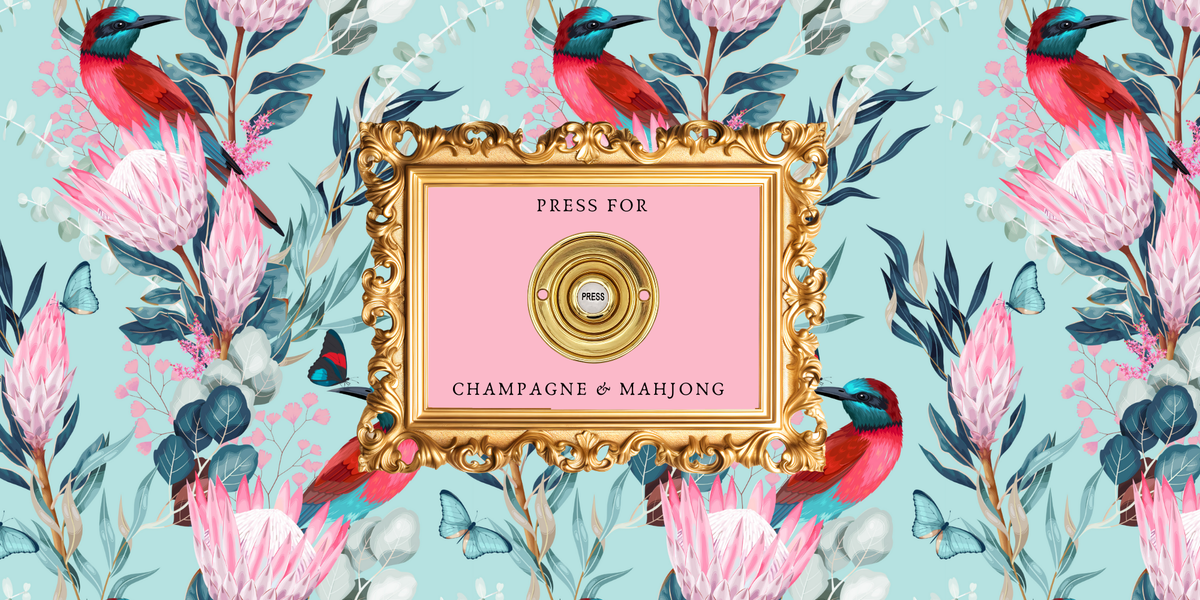 Decorative design with floral patterns, birds, and a gold frame on a blue background.