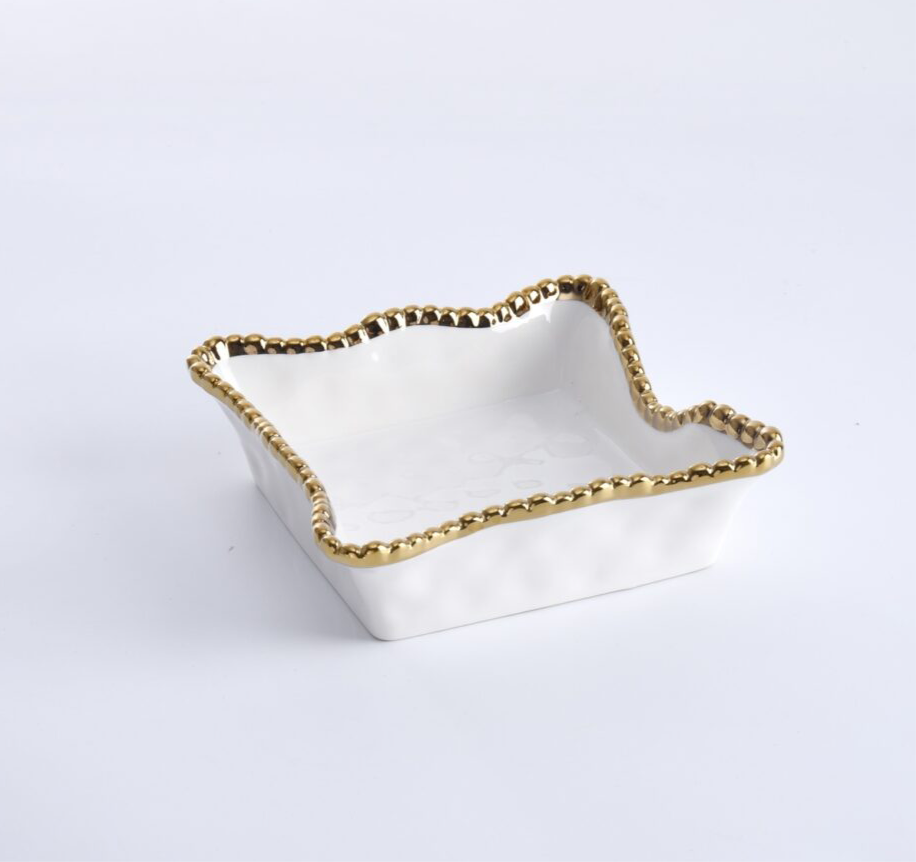 Napkin Holder - Cocktail - White with Gold Beads- white napkin holder with gold beads on a white background