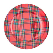Round red plaid plate on a white background