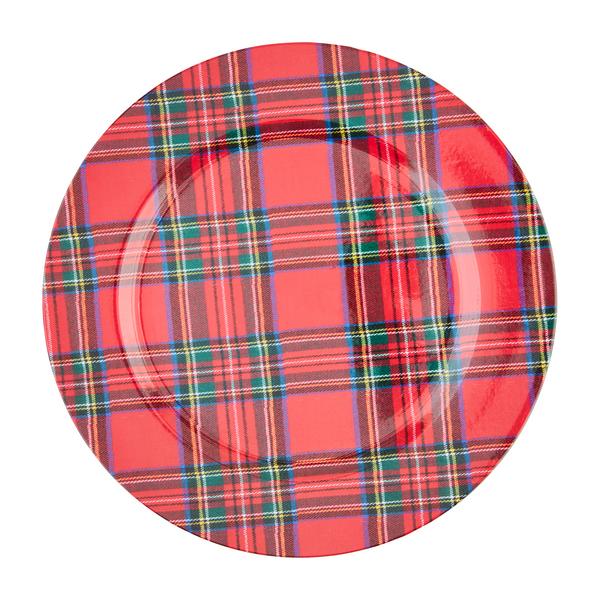 Round red plaid plate on a white background