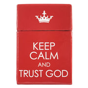 Red card holder with 'Keep Calm and Trust God' text and a white crown symbol on a white background