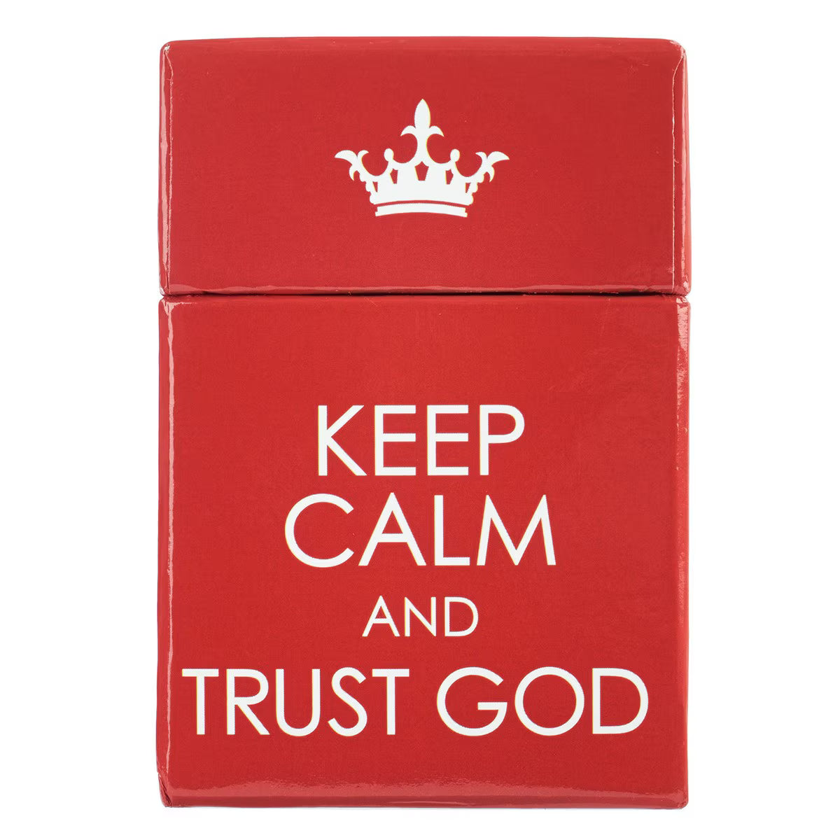 Red card holder with 'Keep Calm and Trust God' text and a white crown symbol on a white background