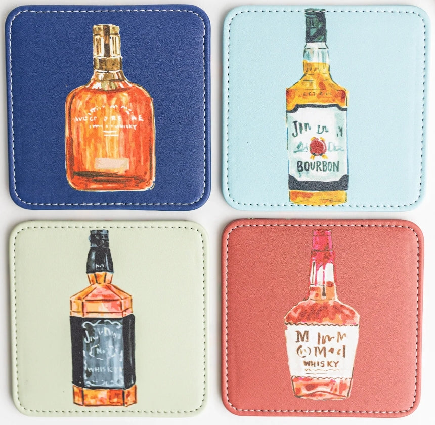 Coasters - Leather - Bourbon- Set of 4 - different bourbon art on each coaster - white background 