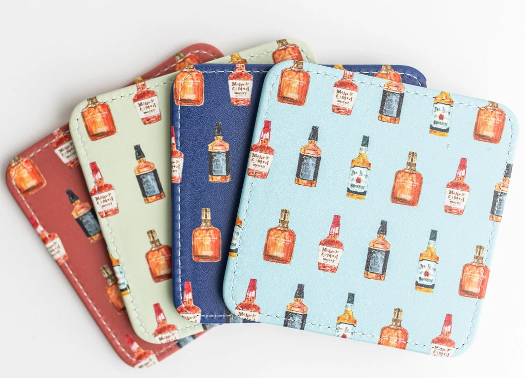 Coasters - Leather - Bourbon- Set of 4 - different bourbon art on each coaster - white background 