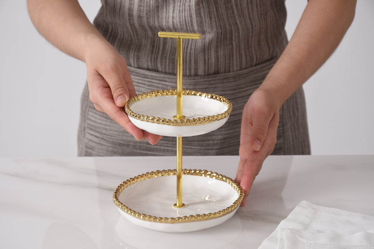 Mini 2-Tier Porcelain Serving Stand – White with Gold Bead Trim