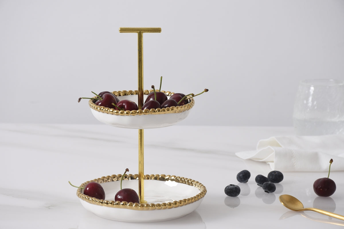 Mini 2-Tier Porcelain Serving Stand – White with Gold Bead Trim