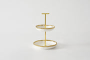 Mini 2-Tier Porcelain Serving Stand – White with Gold Bead Trim