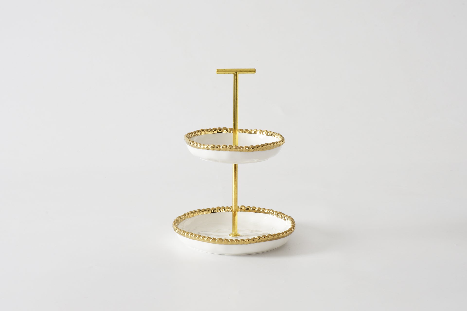 Mini 2-Tier Porcelain Serving Stand – White with Gold Bead Trim