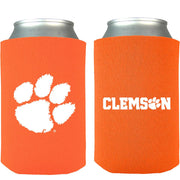 Two orange can coolers with a white paw print and 'Clemson' text on a white background