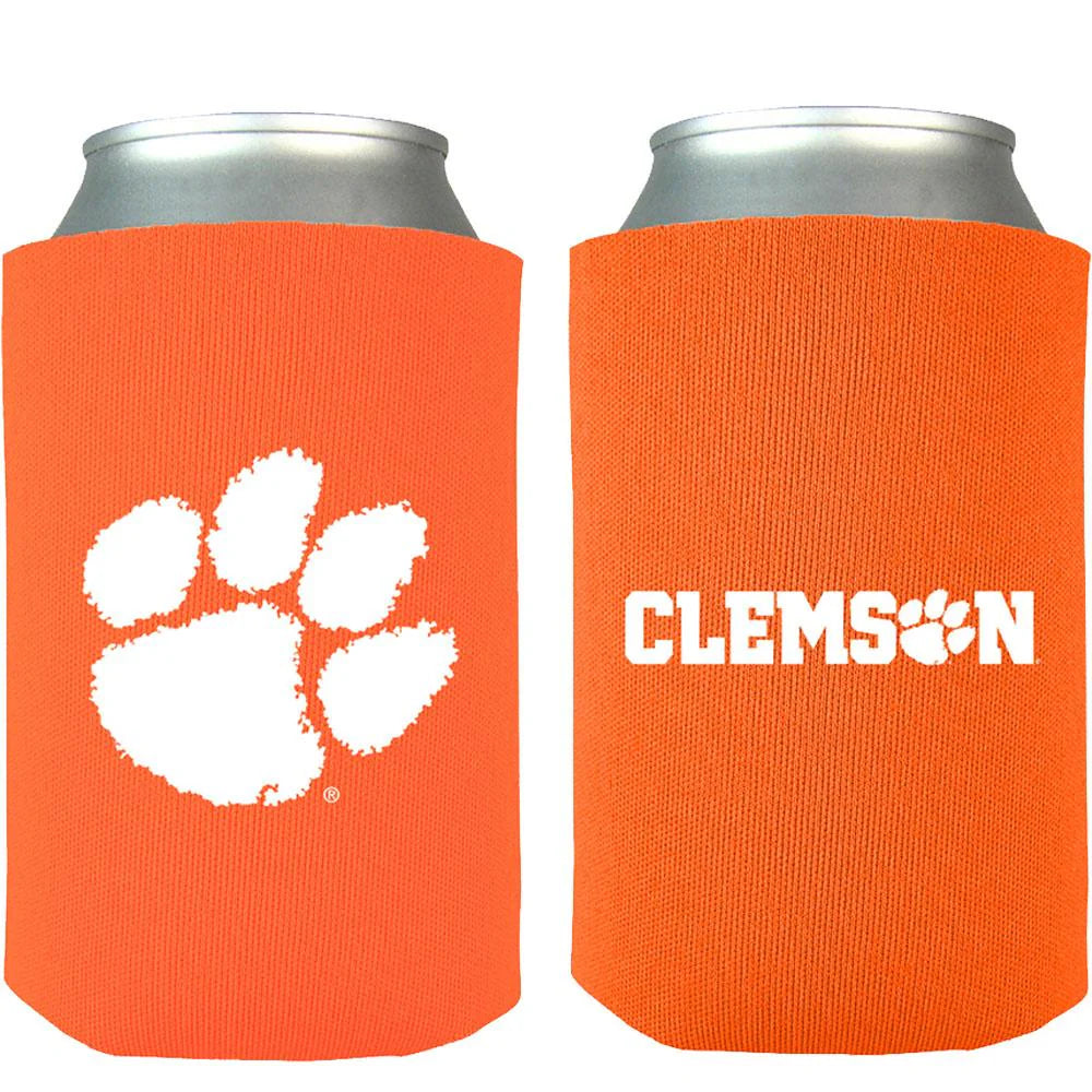 Two orange can coolers with a white paw print and 'Clemson' text on a white background