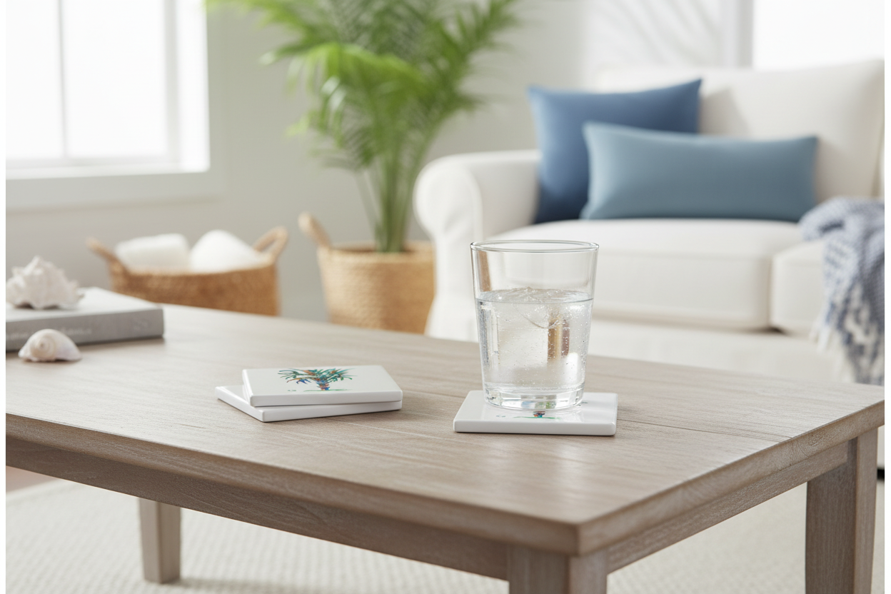 Turquoise Splendor Palmetto Ceramic Coasters on Coffee Table