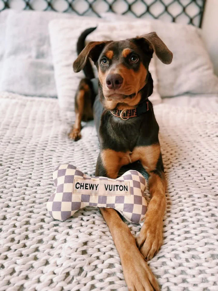 Pet Accessories - Dog Toy - Tan Checkered Chewy Vuiton Bone
