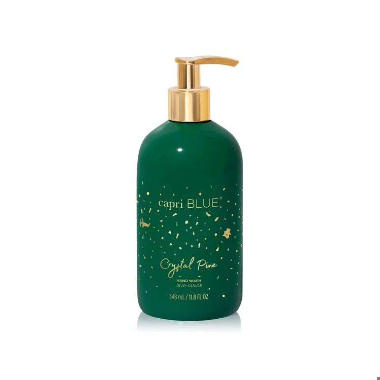 Seasonal - Hand Wash - Crystal Pine in a green pump container with gold pump 